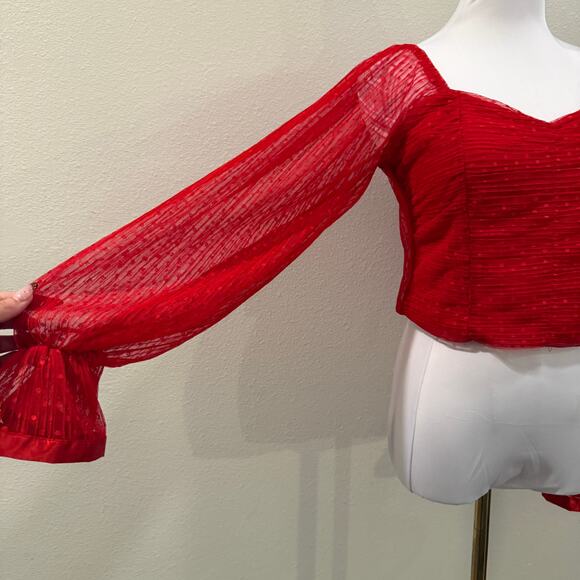 Love x Design Red Sweetheart Ruched Long Sheer Sleeves Top M Valentines Romantic - Picture 4 of 9